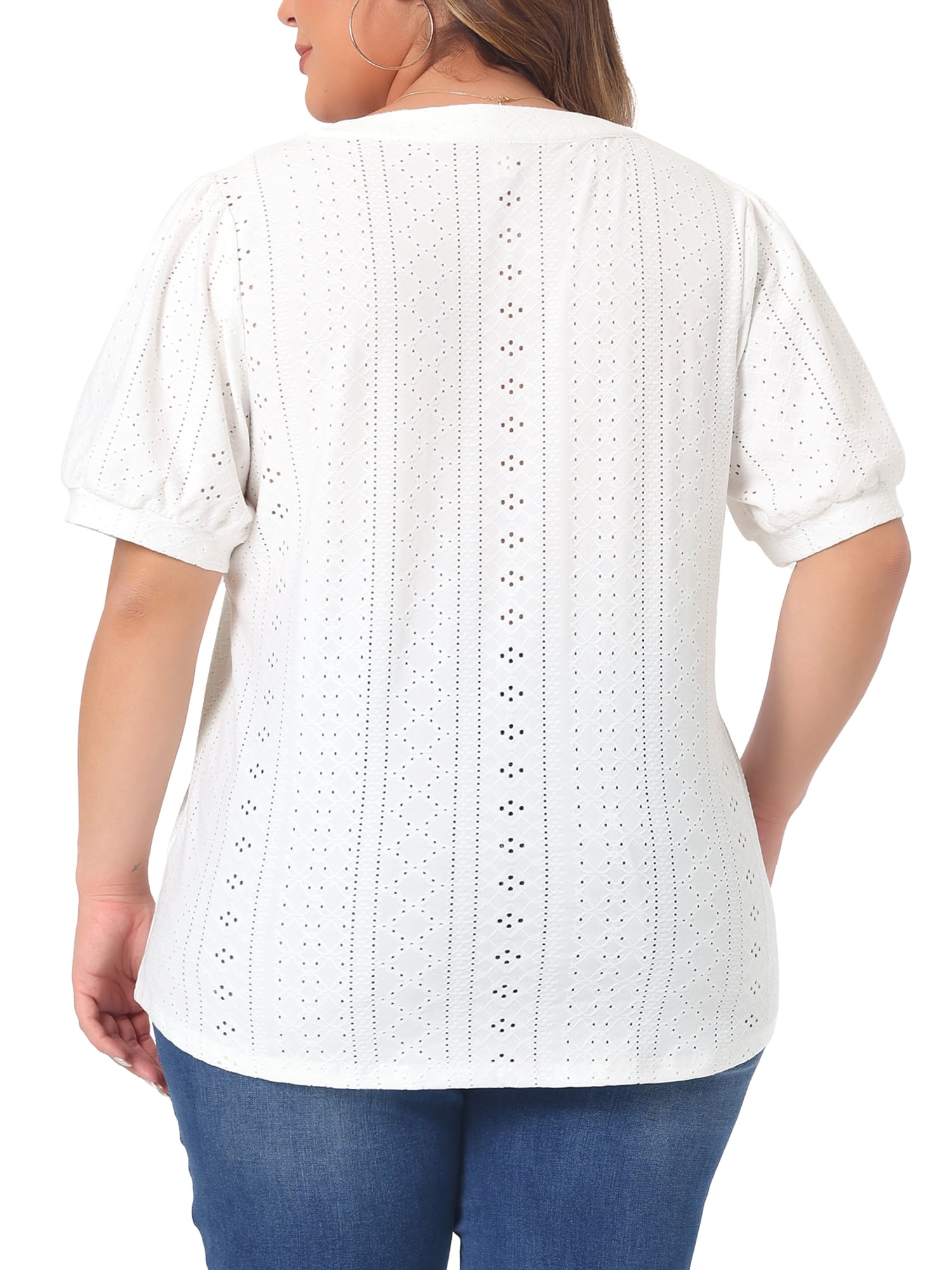 Women's Plus Tops Hollow Casual V Neck Short Sleeve Summer Blouse Shirts 6X White
