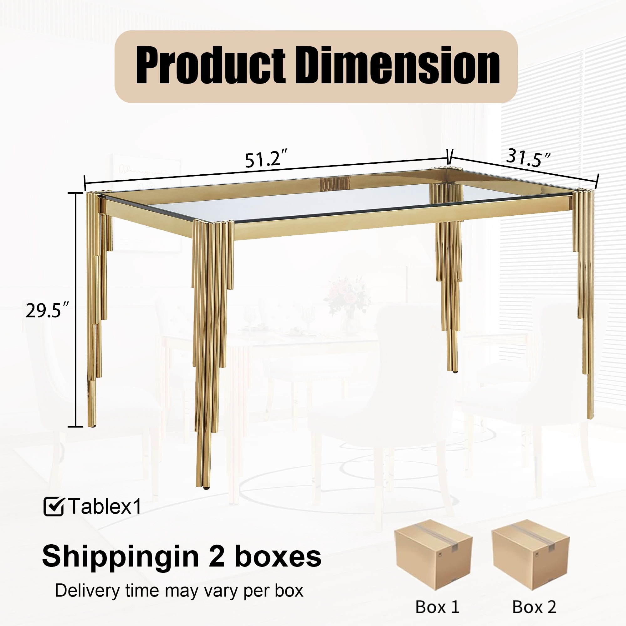 52.7" Rectangular Clear Tempered Glass Dining Table for 4 People, Modern Kitchen Table with Irregular Stainless Steel Legs, Dining Table for Small Space, Apartment Studio, Home Office