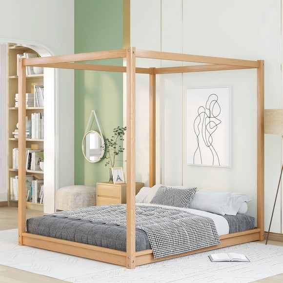 LZ LEISURE ZONE Queen Size Platform Bed, Wood Queen Canopy Platform Bed Frame with Support Legs, No Box Spring Needed, Natural