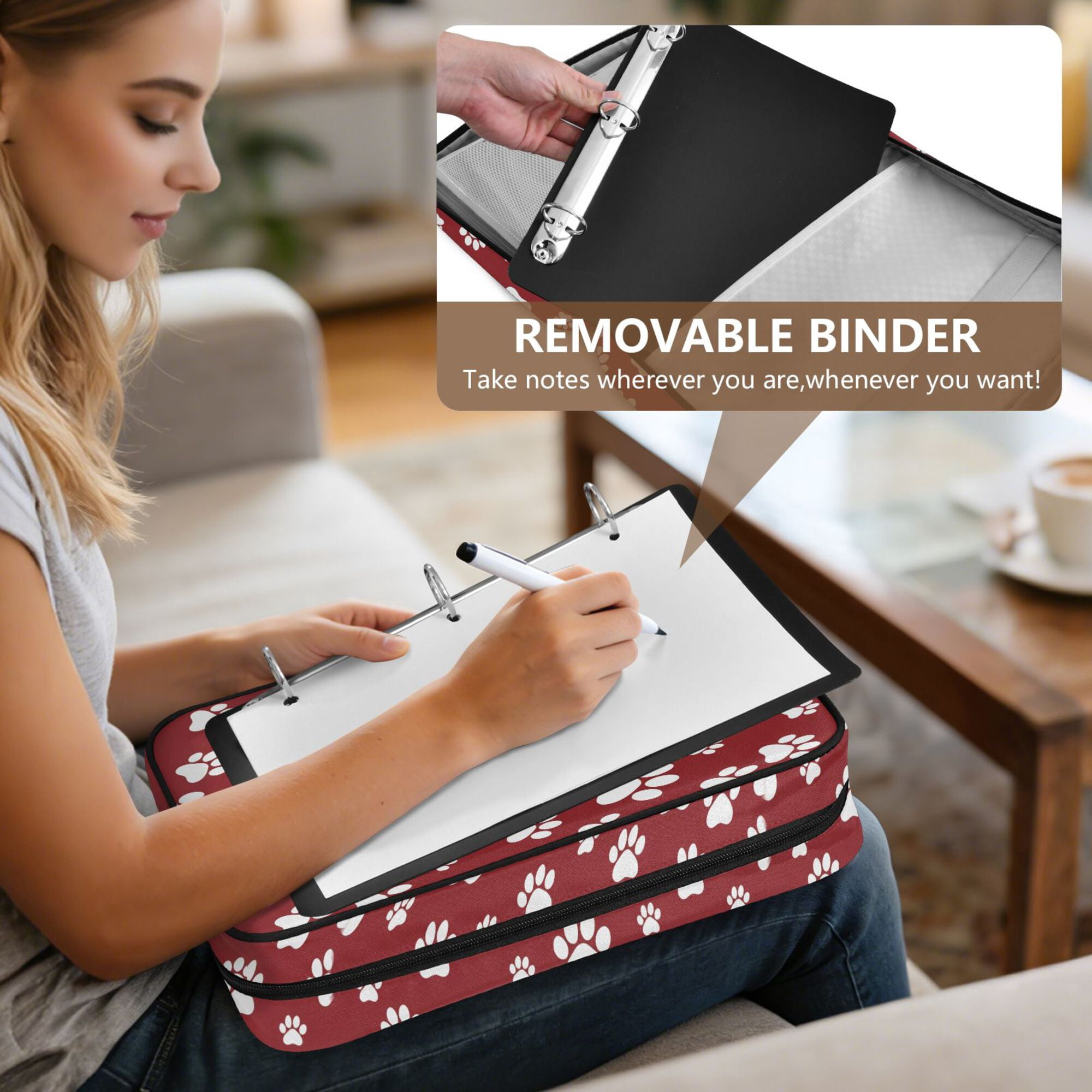 FORMRS Accordion File Folder A4 Size 7-Pocket Expanding Document Organizer Bag with 3 Ring Binder, Red Cartoon Paws Pattern