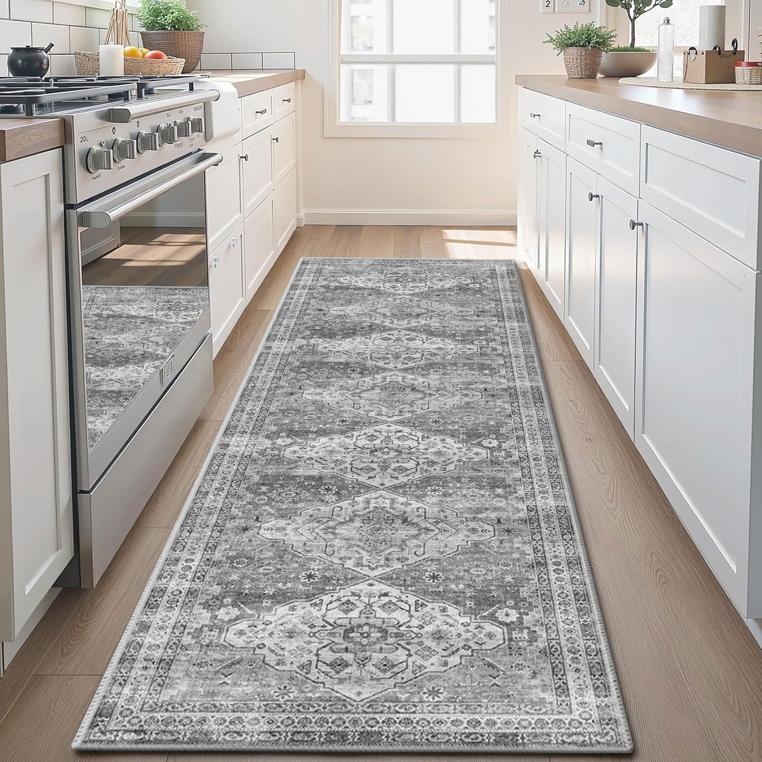 TECHVIDA 2'x8' Hallway Runner Rug Boho,Non Slip Machine Washable Rugs for Hallway Kitchen,Grayish Beige