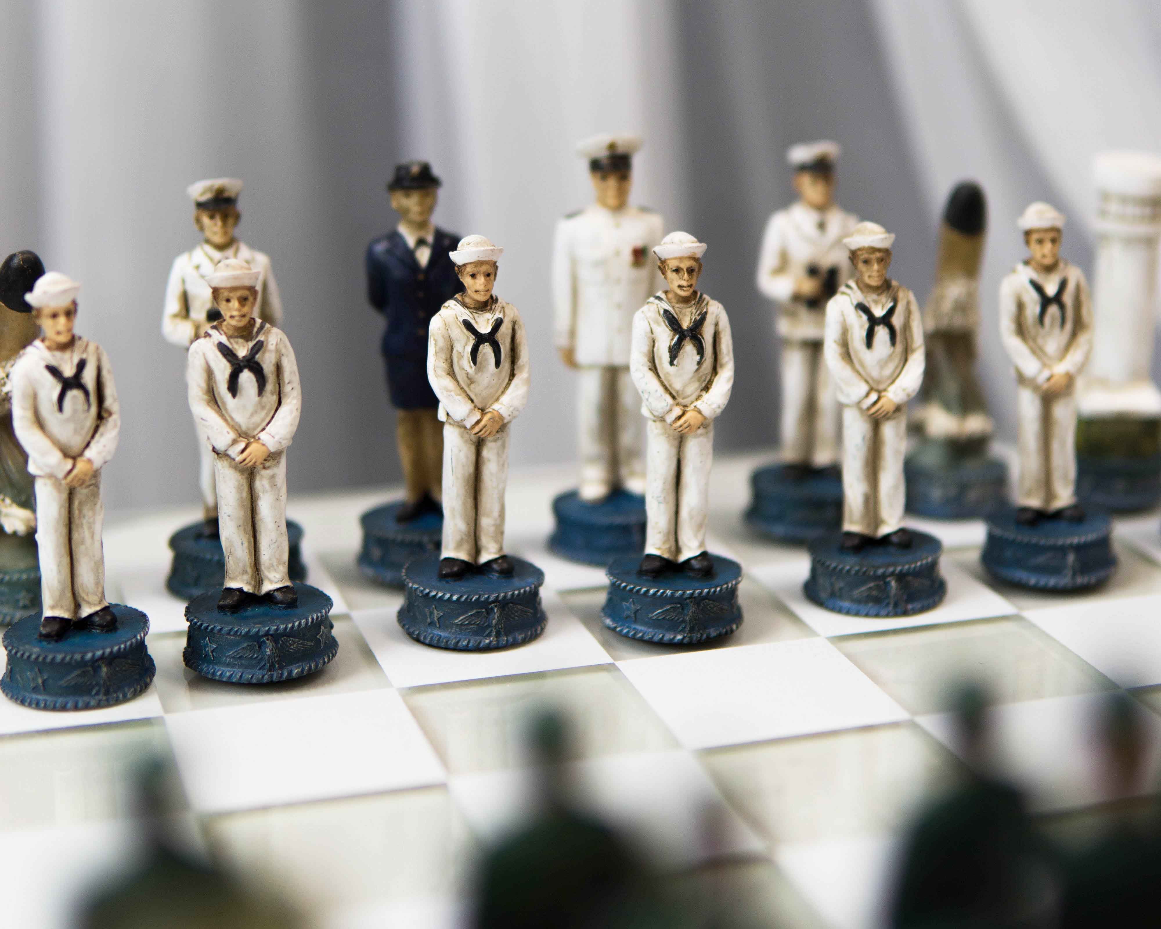 Ebros Gift American Military Army VS Navy Colorful Chess Set, 17" Glass Board, 12 Pieces