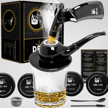 DELYGA Cocktail Smoker Kit with Torch, Pipe-Shaped, Whiskey Smoker, 4 Wood Chips Flavor, Gifts for Dad, Gifts for Men, Old Fashioned, Bourbon Infuser Gift Kit (LvL 1 - Ceramic Shiny Black -No Butane)