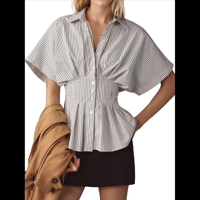 Camisas A Rayas con Botones para Mujer, Blusa Plisada de Corta con Corsé, Informal, de Verano. Rayas de Café S