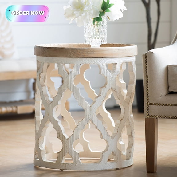Tcbosik Solid Wood Side Table, 19.7 inch Round End Table, Rustic Night Stand for Living Room, Bedroom, Space Saving, White
