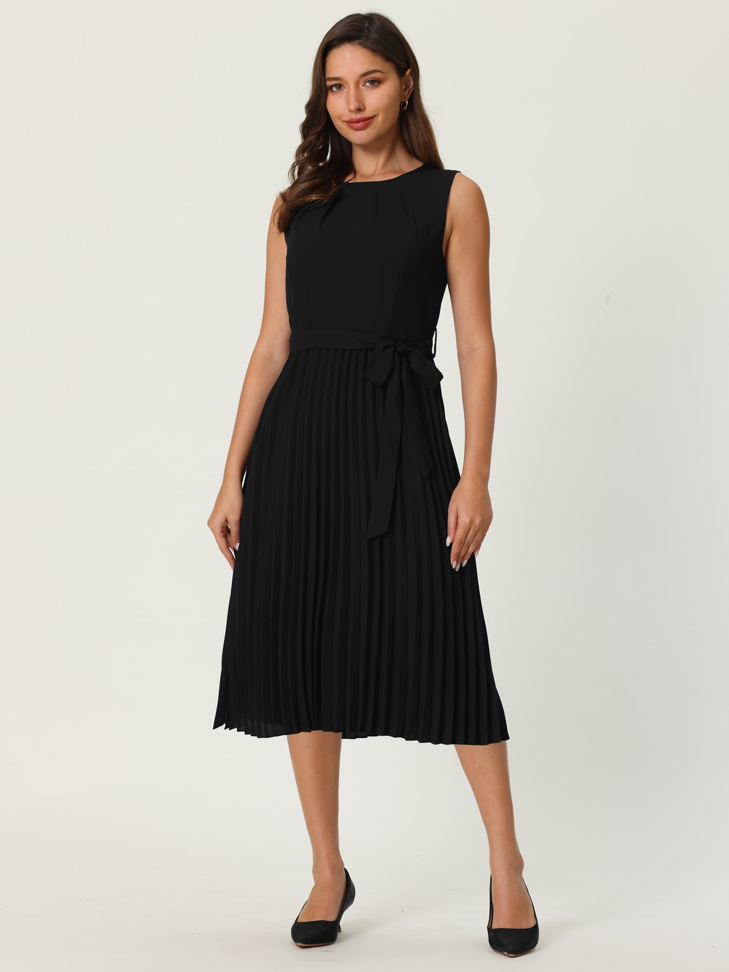 DARING DIVA Sleeveless Pleated Tie Waist Casual Office A-Line Dress M Black