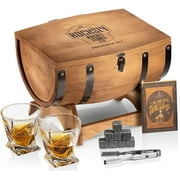 Whiskey Stones Gift Set for Men in Whiskey Half Barrel Gift Box | 8 Whiskey Rocks, 2 Whiskey Glasses in a Whiskey Box Gift Set | Granite Bourbon Stones | Whiskey Kit for Men: Dad, Boyfriend