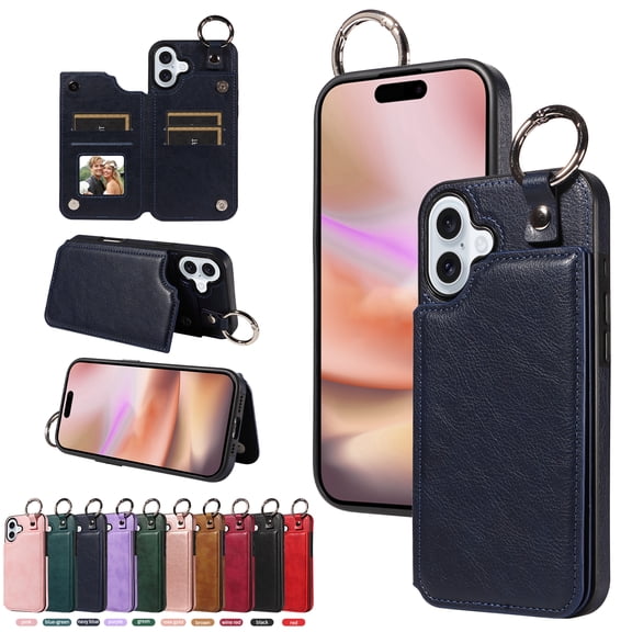 Allytechgroup Wallet Case for iPhone 16e, Retro PU Leather Cards Slots Photo Pocket Stand Protective Anti-Scratch Ring Holder Lightweight Phone Cover for iPhone 17e Women Men, Navyblue