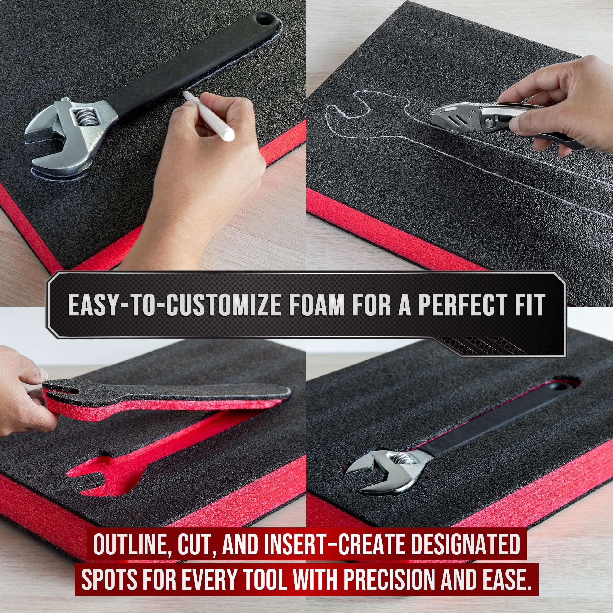 Precision Defined Tool Box Foam - Protective Inserts for Cases, Polyethylene Tool Foam for Cases, Cushion Insert for Toolboxes - 18" Black/Red (3 pack)