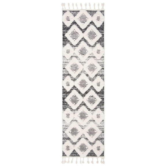 SAFAVIEH Moroccan Tassel Dawson Geometric Shag Runner Rug, Grey/Ivory, 2'3" x 10'