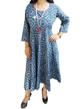 Mogul Womens Ethnic Printed Flare Long Dress Round Neck Long Sleeves Cotton Summer Style Gypsy Sundress M