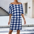 thumbnail image 2 of Modern Navy Blue White Buffalo Check Geometric Plaid Women's Off The Shoulder Ruffles Summer Wedding Guest Loose Casual Party Beach Dress, 2 of 9