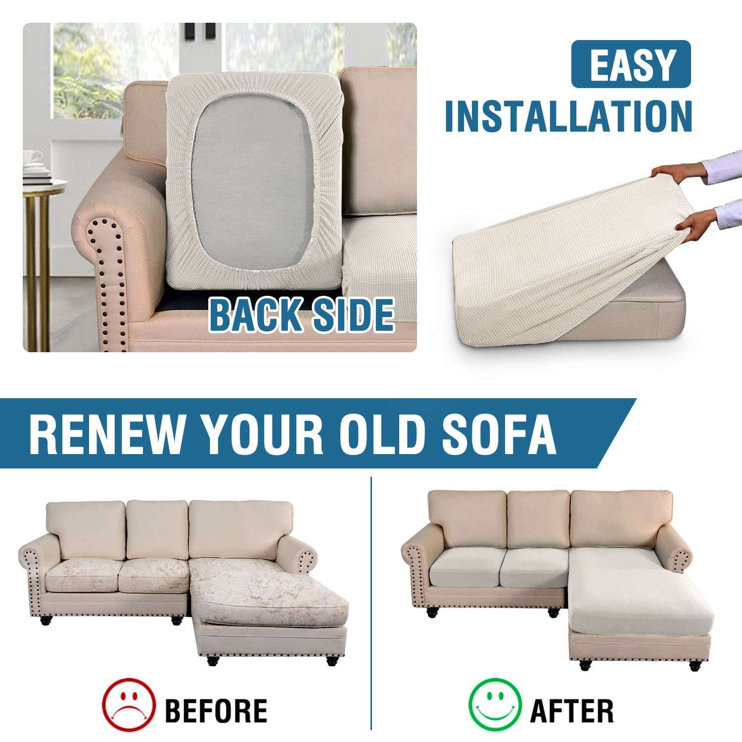 Turquoize 3-Piece Separate Slipcovers Textured Grid Polyester Blend Sectional Couch Sofa Covers for Left/Right L Shape Chaise Lounge Sofa, Ivory 2 Seater + 1 Chaise