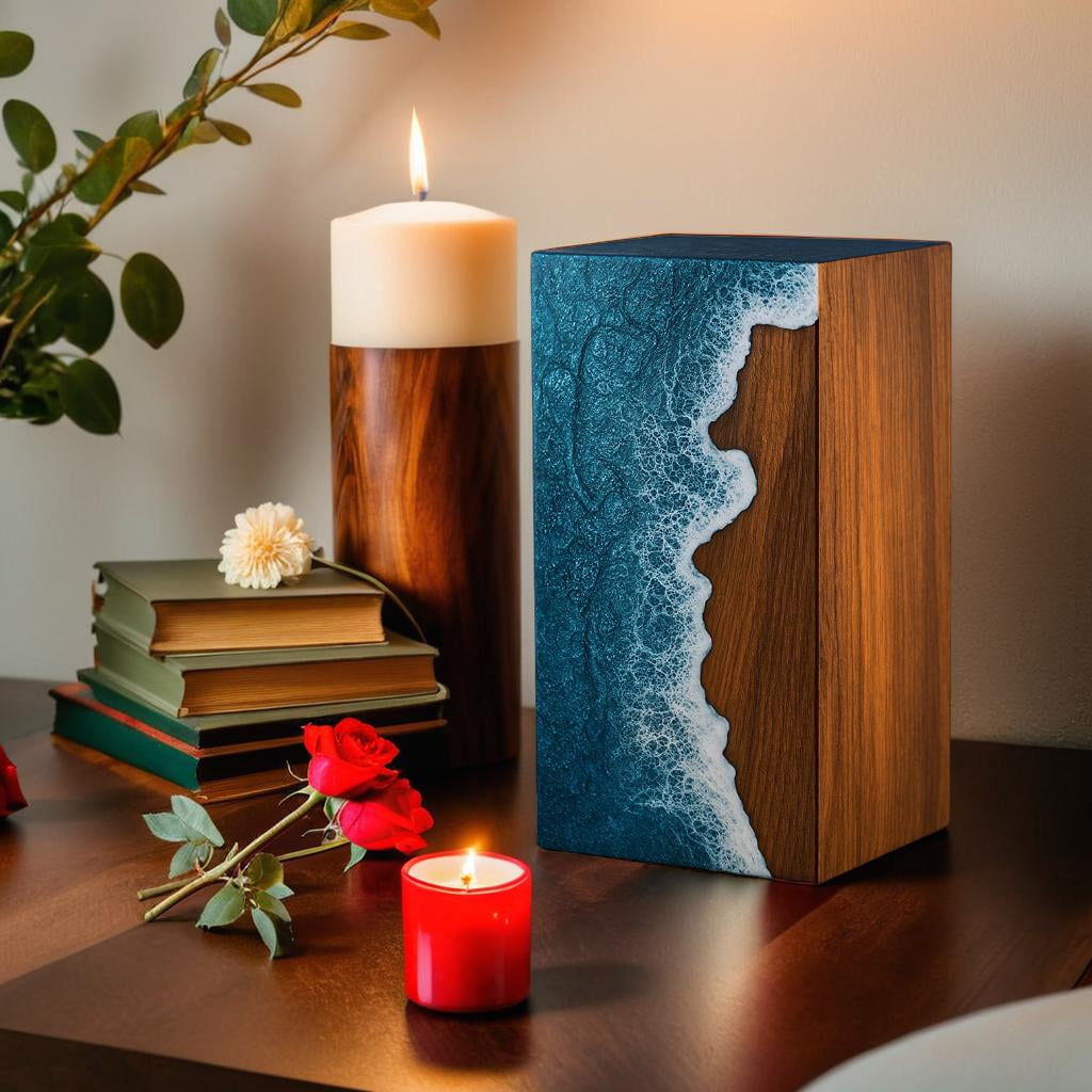 Wooden Urns for Human Ashes Adult Cremation Urns for Human Ashes Ocean Wave Design Wooden Urn Box Memorial Cremation Urn Box for Human & Pet Ashes
