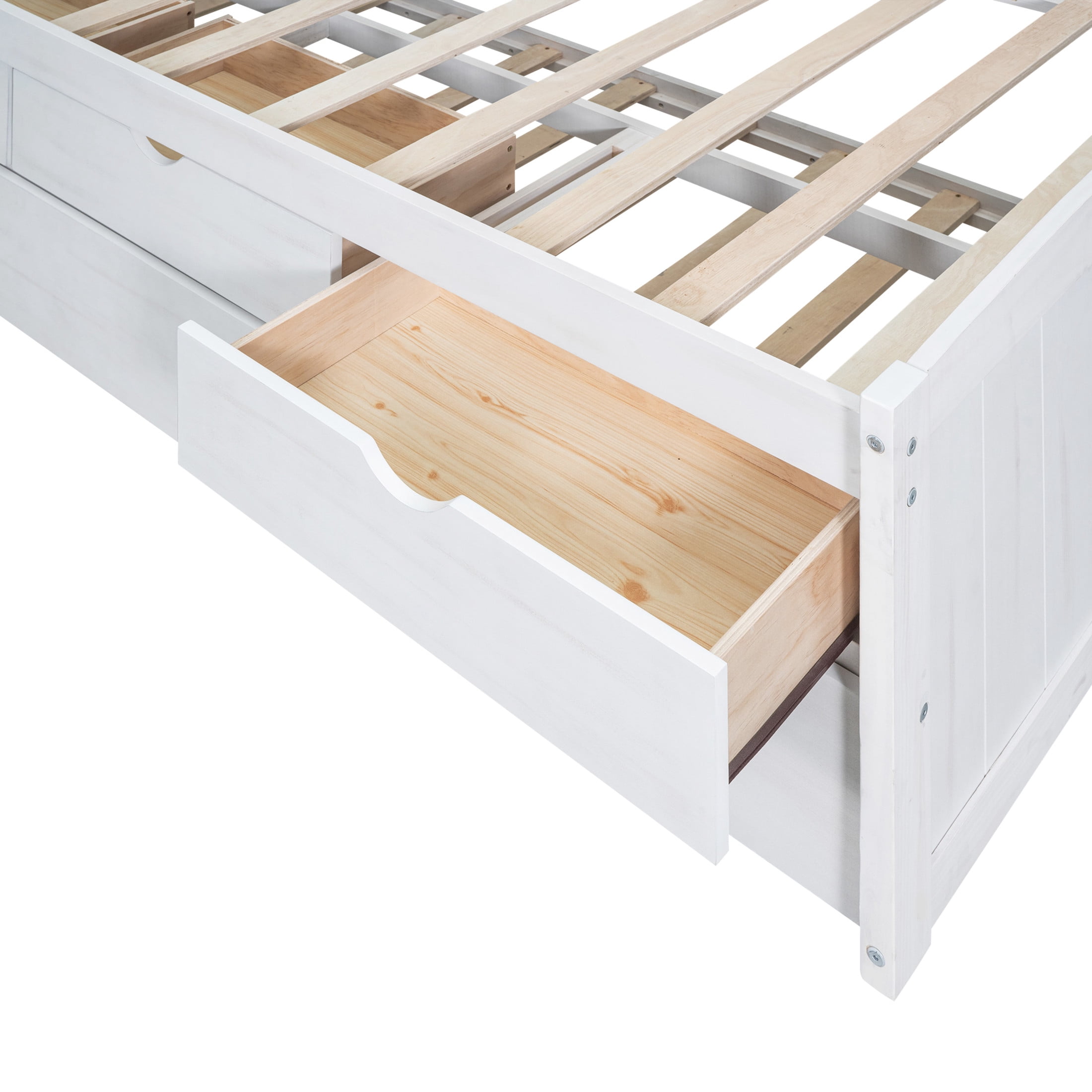 Noble House Savoy Twin Size Wooden Captain Bed with Bookcase Headboard and Trundle, Storage Drawers, White Washed