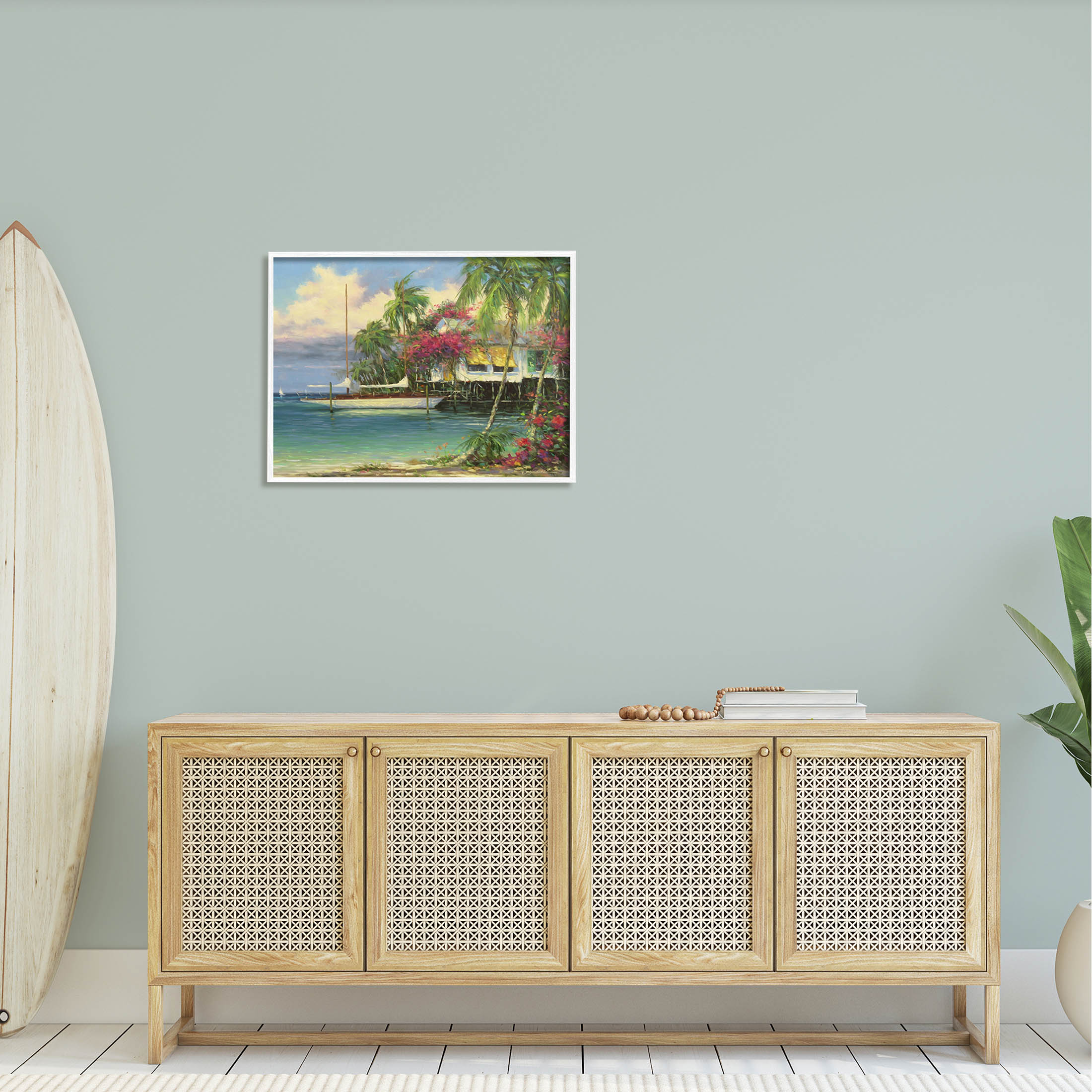 Vacation Waterfront Tropical Pier Coastal Painting White Framed Art Print Wall Art