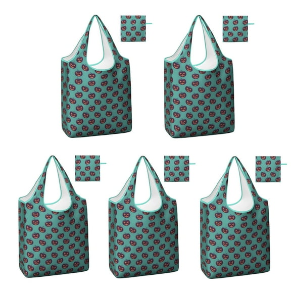 5 Pack Foldable Shopping Bag,Halloween Pumpkin Repeat Pattern Reusable Grocery Bags with Pockets,Large Reusable Tote Bags with Handles Waterproof & Lightweight