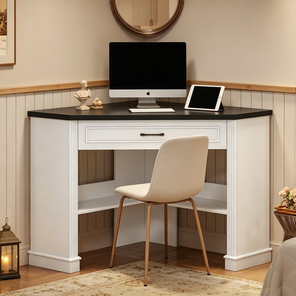 31.5" White Corner Desk, Small Corner Desk for Small Space, Farmhouse Triangle Computer Desk with Drawer and Storage for Home Office, Living Room, Bedroom, Vanity Desk