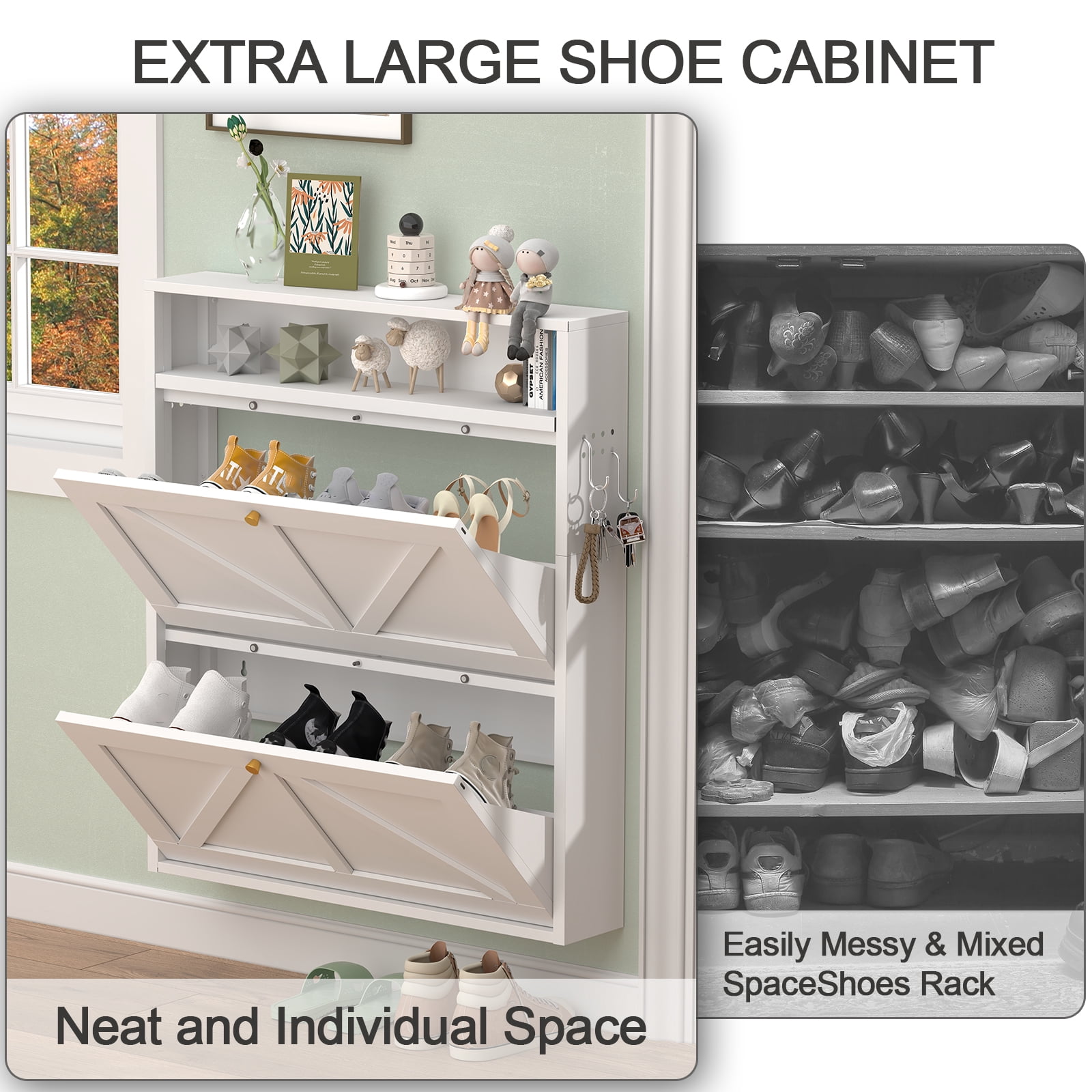 Aisword Modern Metal Shoe Cabinet with 2 Flip Drawers & Open Shelf,Narrow Slim Wall-Mounted Hidden Shoe Organizer Shoe Rack for Entryway,White