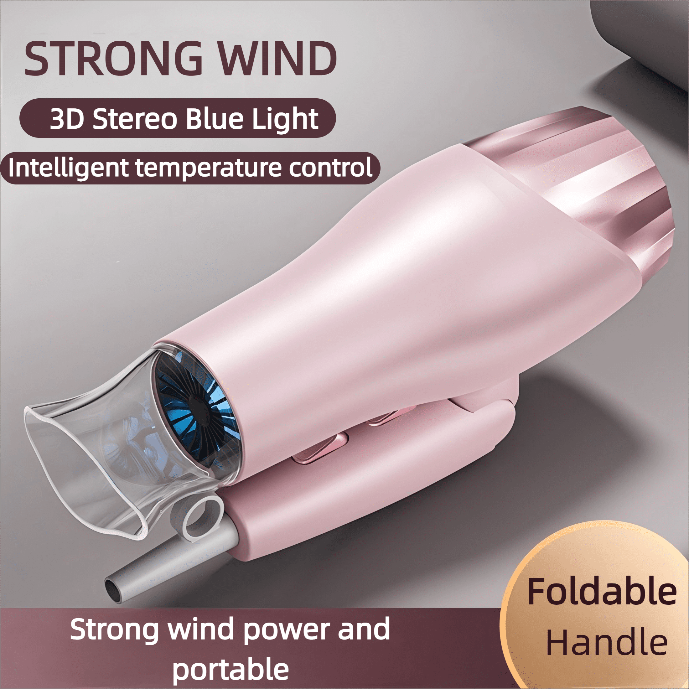 Foldable Hair Dryer with 8 Accessories ，Compact Design for Home and Travel |,Fast Drying Gift Set for Women/Men,Pink