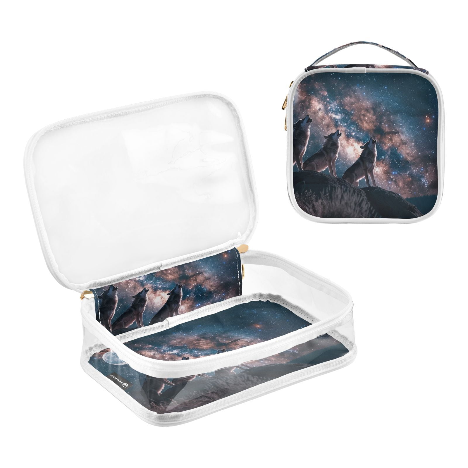 Clear Makeup Bags with Handle Large Opening 2 Pack Set Toiletry Bag Quart Size Bag, for Women Man Traveling Travel Essentials, Toiletries and Other. Wolf