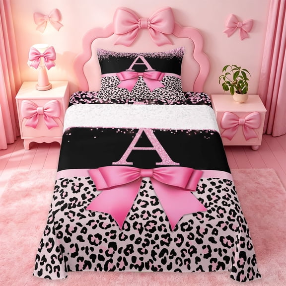 Erosebridal Pink Leopard Print Twin Sheet Sets,Chic Glitter Print A Alphabet Bedding For Kids Girls 3 Pieces