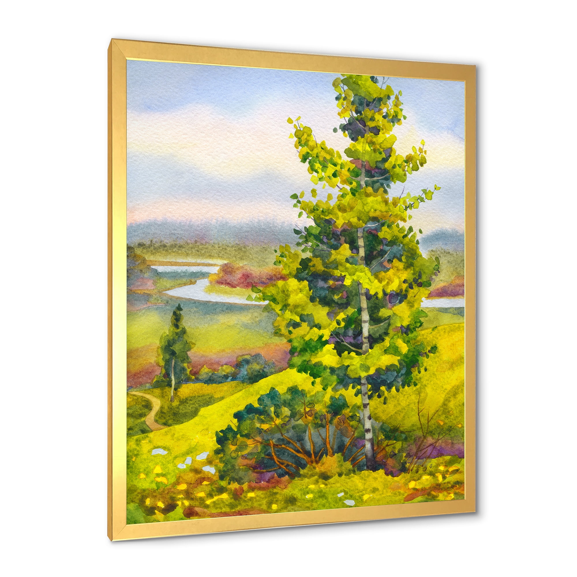 Designart 'Colorful Young Orange Betulas Along Bank Of Calm Bay' Lake House Framed Art Print