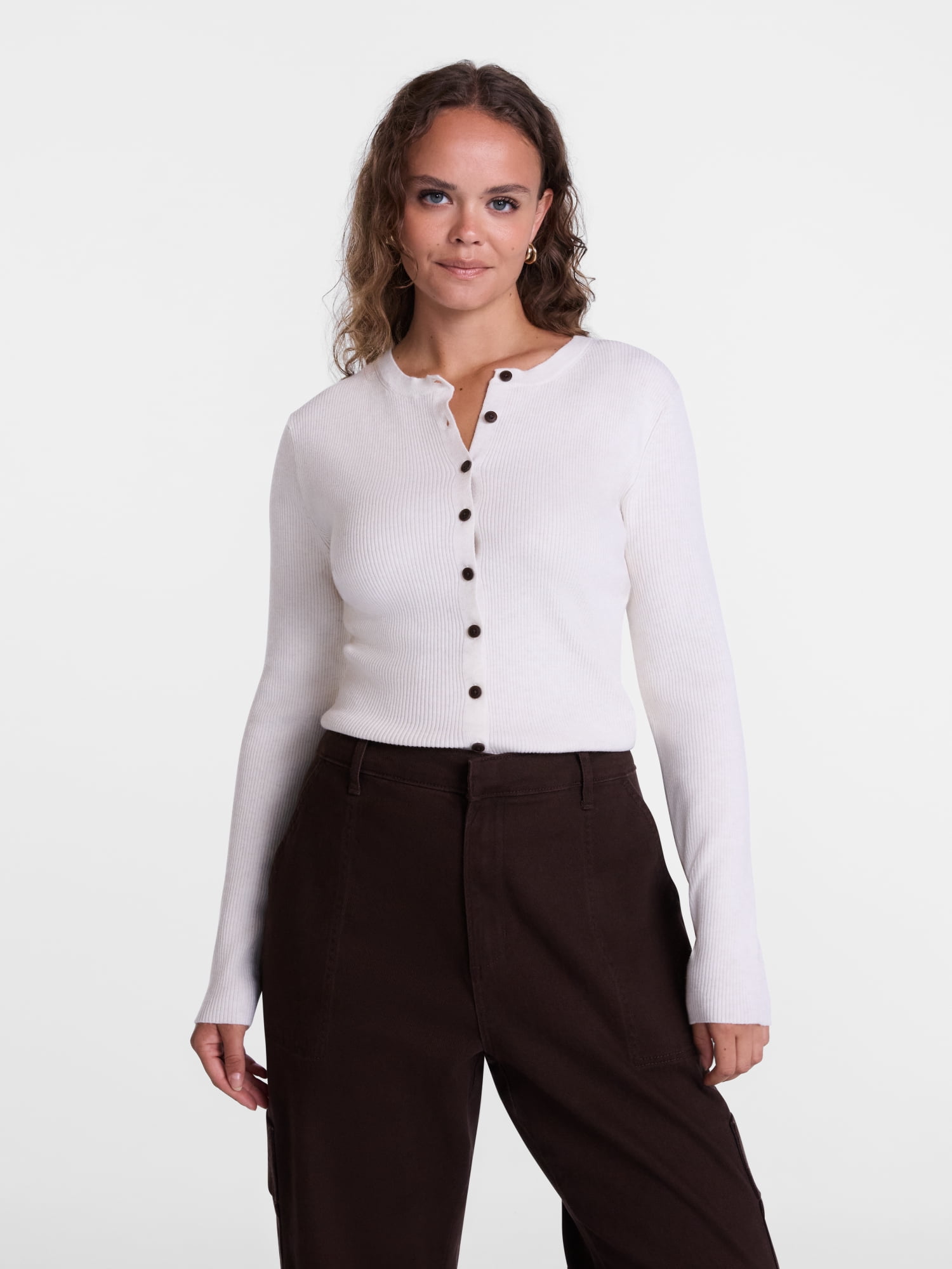 Scenario Women's and Women's Plus Ribbed Crewneck Cardigan Sweater, Lightweight, Sizes XS-4X