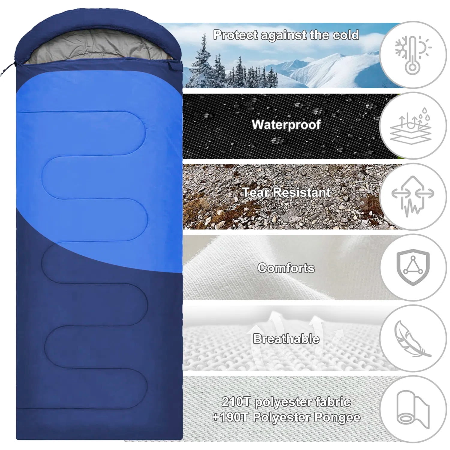 Teblint Camping Sleeping Bag for Adults Kids, Cold Weather Warm Sleeping Bag with Compression Bag for 3 Seasons, Compact Camping Essentials Gear Accessories Hiking Sleep Must Haves-Blue