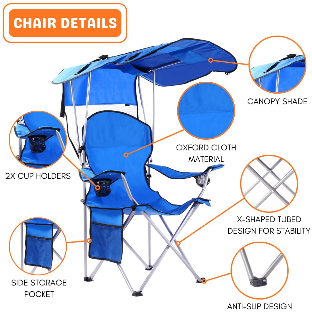 VTOY Camping Chair with Canopy Portable Camping Chairs with Shade for Outside Folding Beach Chairs with Shade for Adults(Blue)