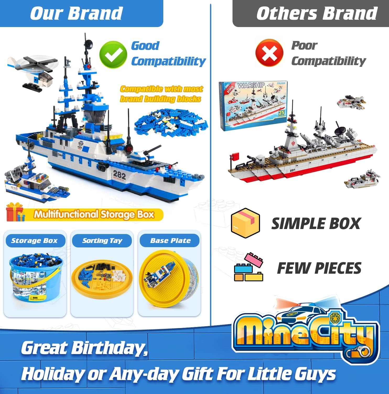 EXERCISE N PLAY 1169-Piece City Police Station Building Kit, 6-in-1 Military Battleship Toy