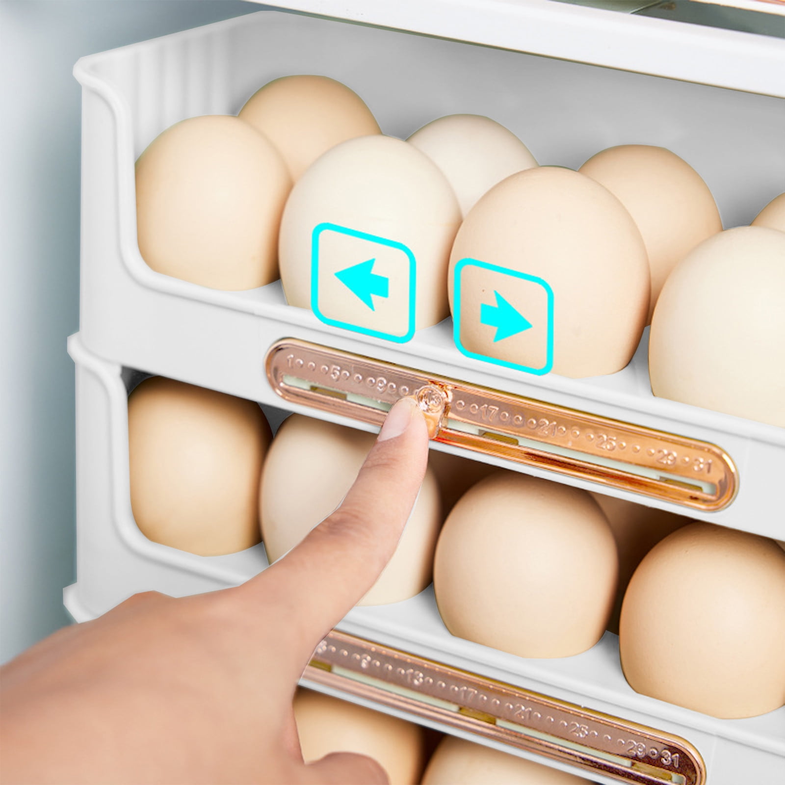 LACKUST Stackable Egg Holder for Refrigerator 30 Eggs Capacity with Date Tracker Fits Side Door Storage Durable Plastic Container, White