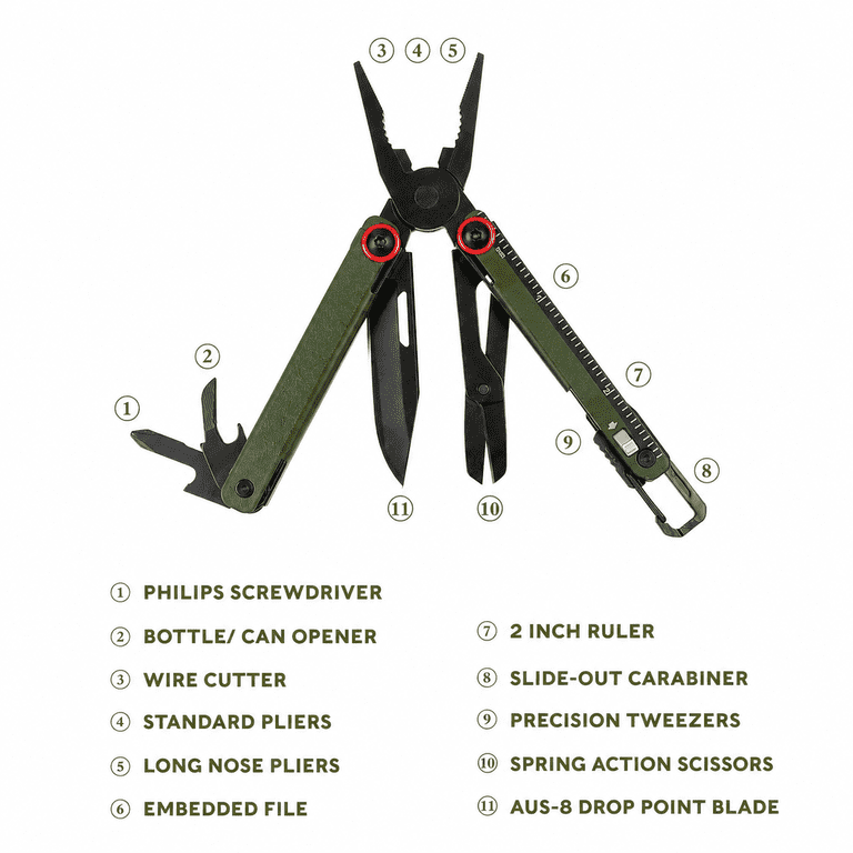 Swiss Tech Uberall AUS-8 Steel 11-in-1 Multi Tool with Carabiner