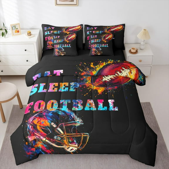 Manfei American Ball Sport 7-Piece Twin Bedding Sets,Teens Rugby Sport Bedding Comforter Set,Rainbow Splash Ink Sheet Sets For Boys,Luxury Bedroom Decor Reversible