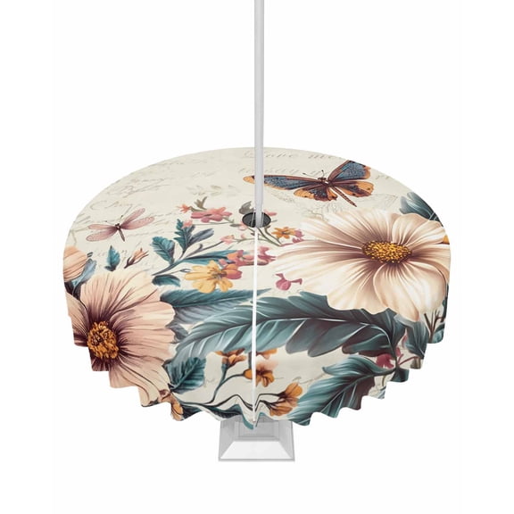 Boanket Outdoor Tablecloth with Umbrella Hole for Patio/Picnic/Party/Camping, Vintage Floral Spring Waterproof Table Cloth Round Cover Washable, Butterfly Summer Botanical (Dia 54")
