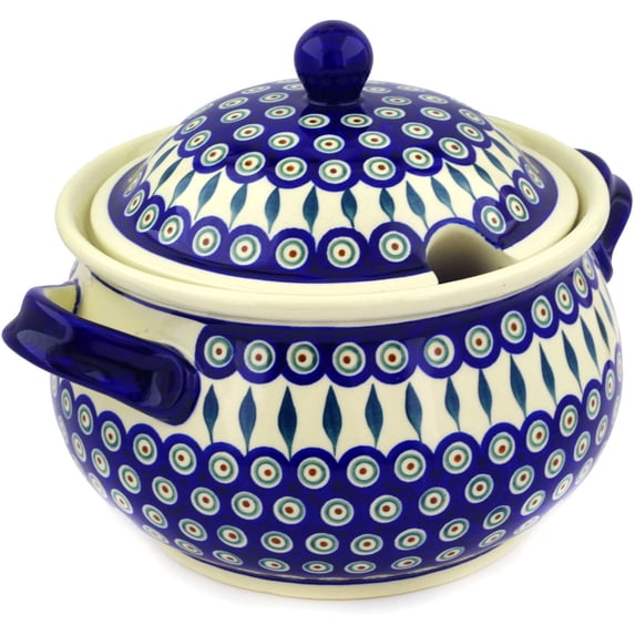 Polish Pottery 168 oz Tureen (Peacock Leaves Theme) Hand Painted in Boleslawiec, Poland + Certificate of Authenticity