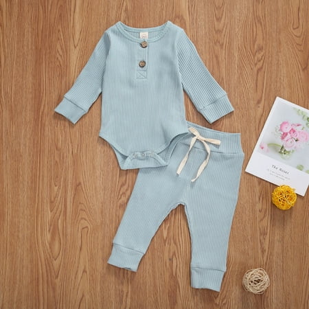 

Baby Outfits 2-Piece Set Fashion Casual Long Sleeve Knitted Jumpsuit + Lace Up Trousers Suit Solid Color