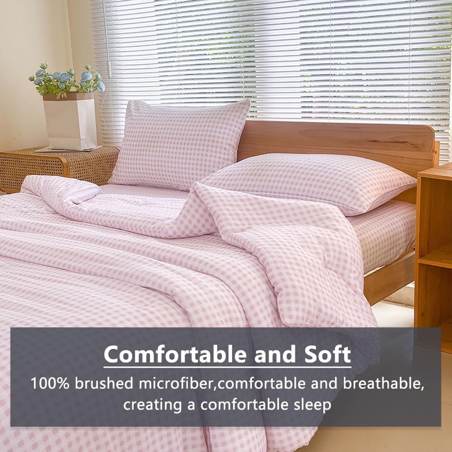Pink Gingham King Comforter Set, Pink Plaid Bedding Set, Checked Bed Comforter 3 Pieces(Pink Gingham, King)