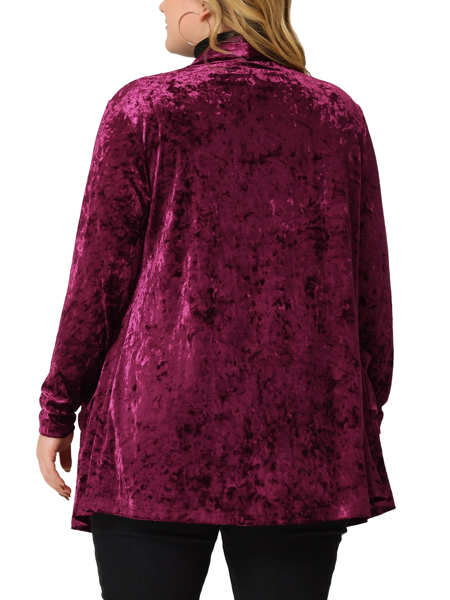 Unique Bargains Women's Plus Shawl Collar Pocket Open Front Velvet Cardigans Sweaters 1X Wine