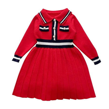 

Little Girl Dresses Girls New Long-Sleeved Lapel Sweater Dress Sweater Skirt Little Girl Dresses Red-A 5Y