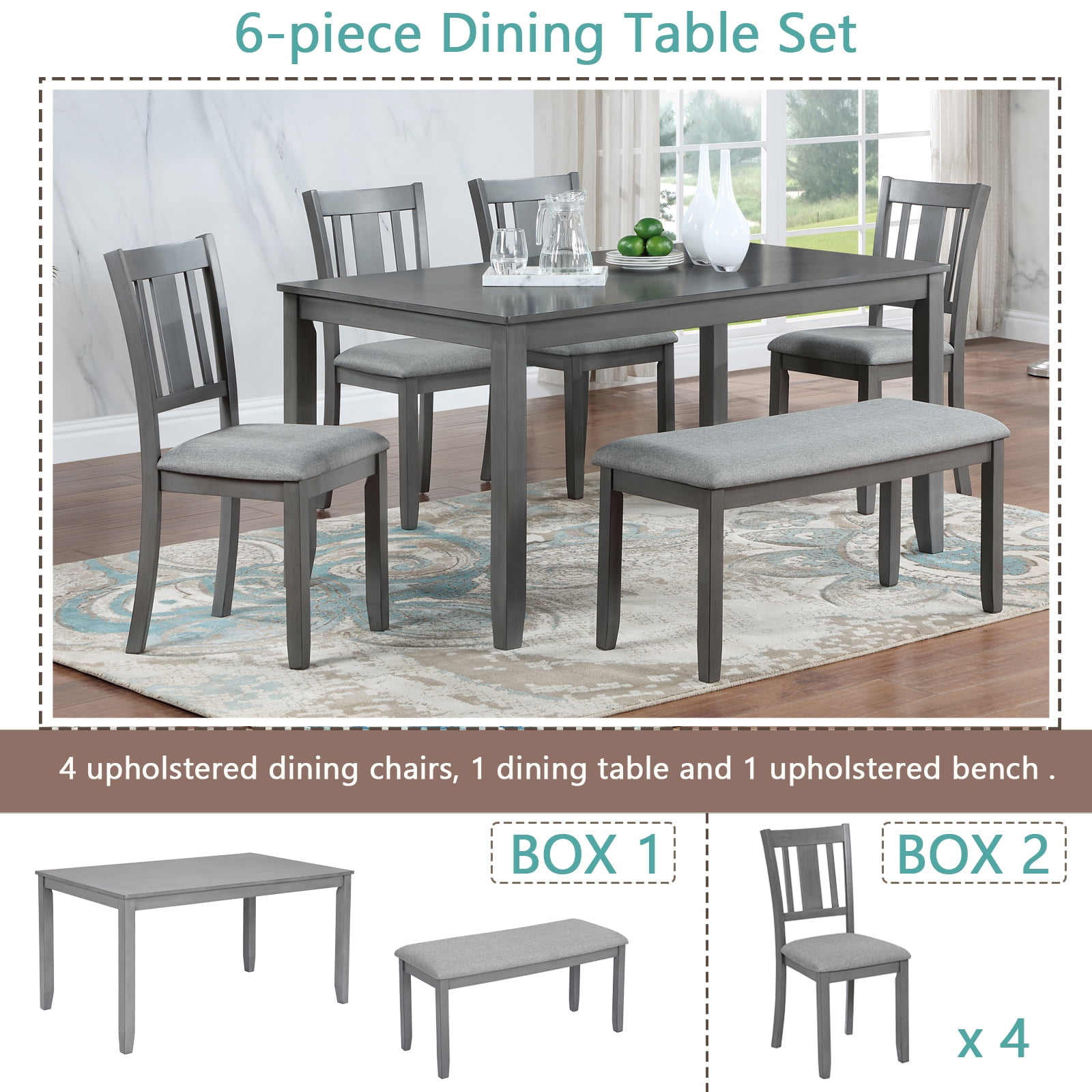 Dining Room Set, LEGAHOME 6 Piece Dining Sets with Bench and Chairs, Solid Wood Kitchen Dining Table Set for 6 with Upholstered Chairs, Gray