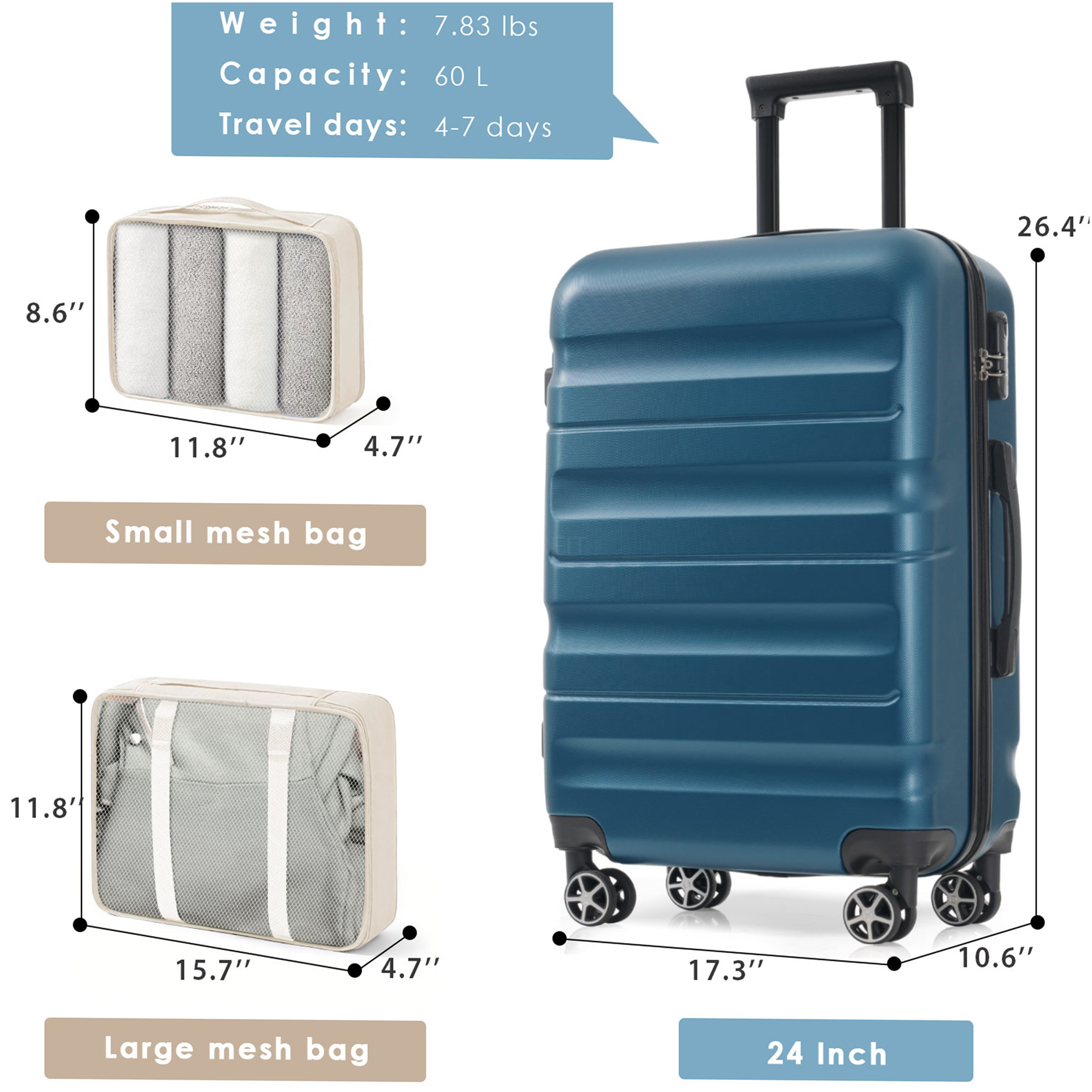 JERFIT 24-Inch Hardshell ABS Checked Spinner Suitcase Luggage Set with Packing Cubes, Lightweight & Durable Travel Suitcase for Adults, Inky Blue