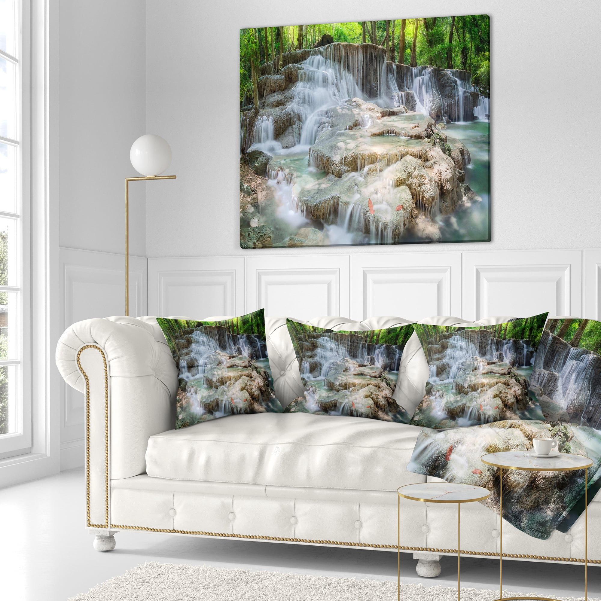 Designart White Huay Mae Kamin Waterfall - Landscape Photography Throw Pillow - 16x16