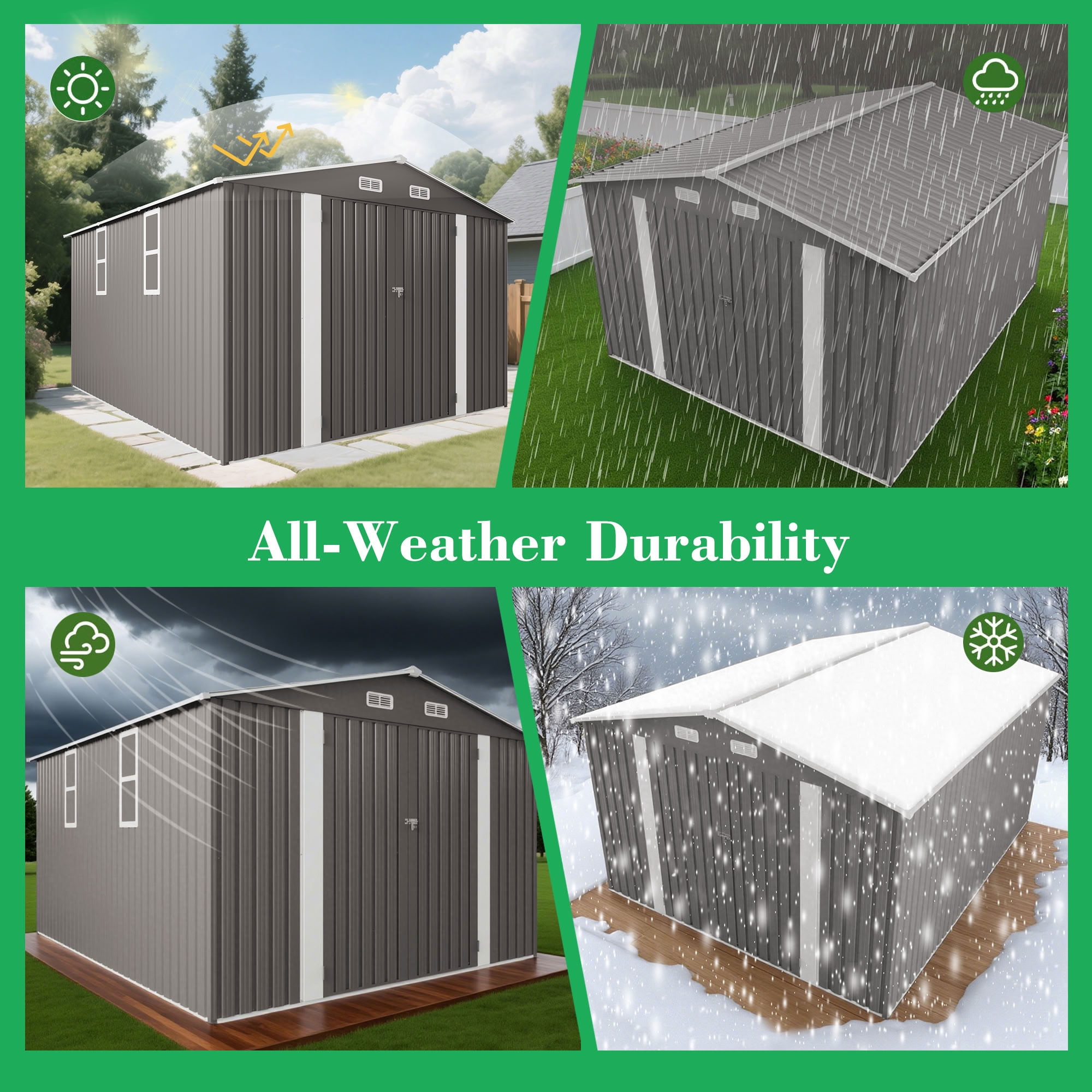 MAYEERTY 10x12 FT Large Metal Outdoor Storage Shed, Galvanized Steel Garden Shed with Lockable Double Doors, Two Windows & Waterproof Roof, for Backyard