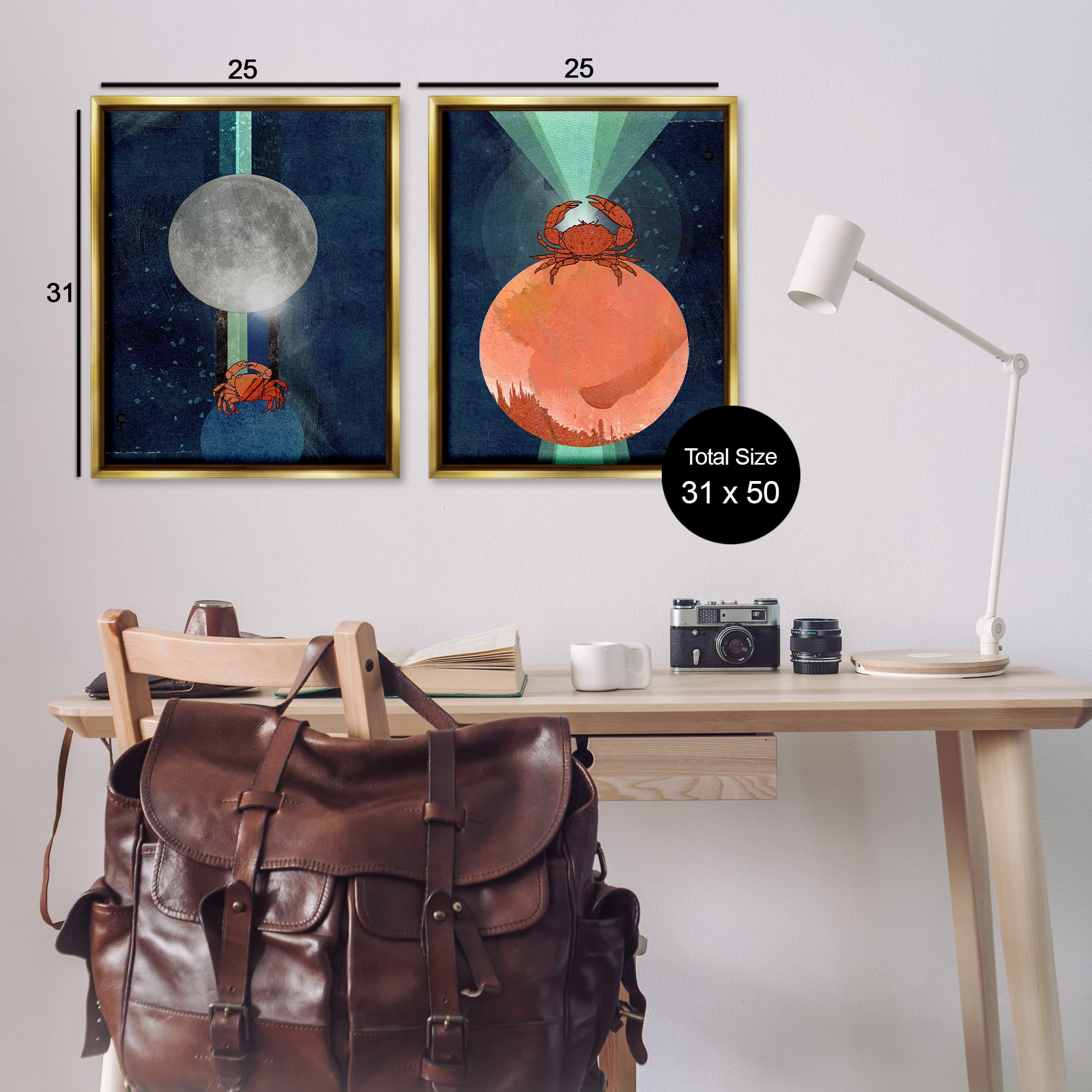 Stupell Industries Crab Orbs Light Rays Nautical & Beach Painting Gold Floater Framed Canvas Art Print Wall Art, 31 x 25, Set of 2