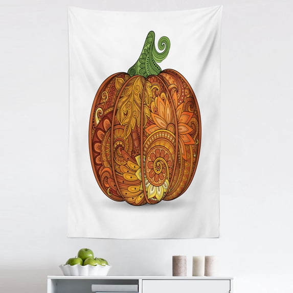 Vegetable Tapestry, Thanksgiving Pumpkin with Flowers Paisley Mandala Forms, Fabric Wall Hanging Decor for Bedroom Living Room Dorm, 5 Sizes, Dark Orange Fern Green, by Ambesonne