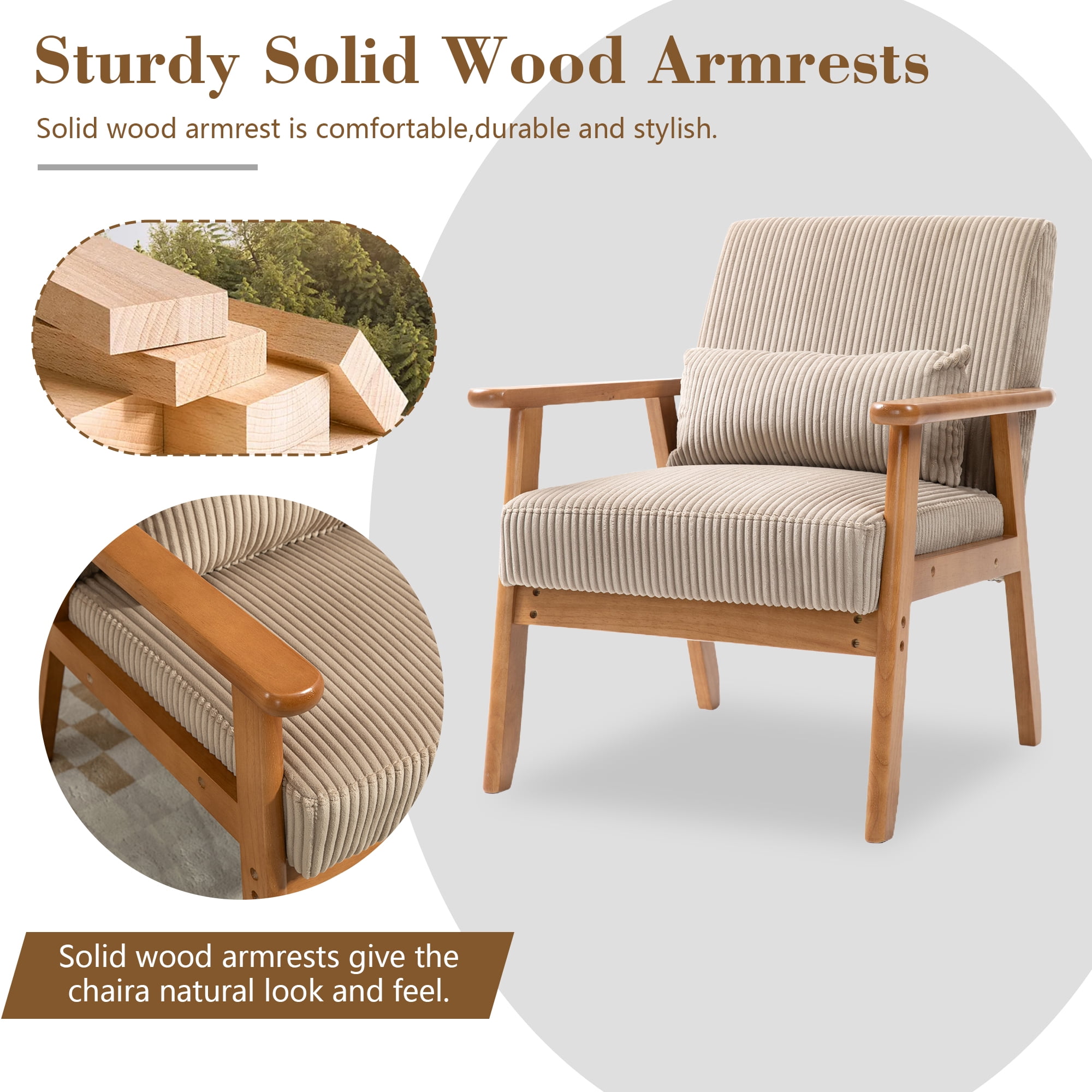 Miniyam Set of 2 Corduroy Mid-Century Modern Accent Chair,Leisure Chair with Solid Wood Armrest and Feet,Living Room Reading Chair,Camel
