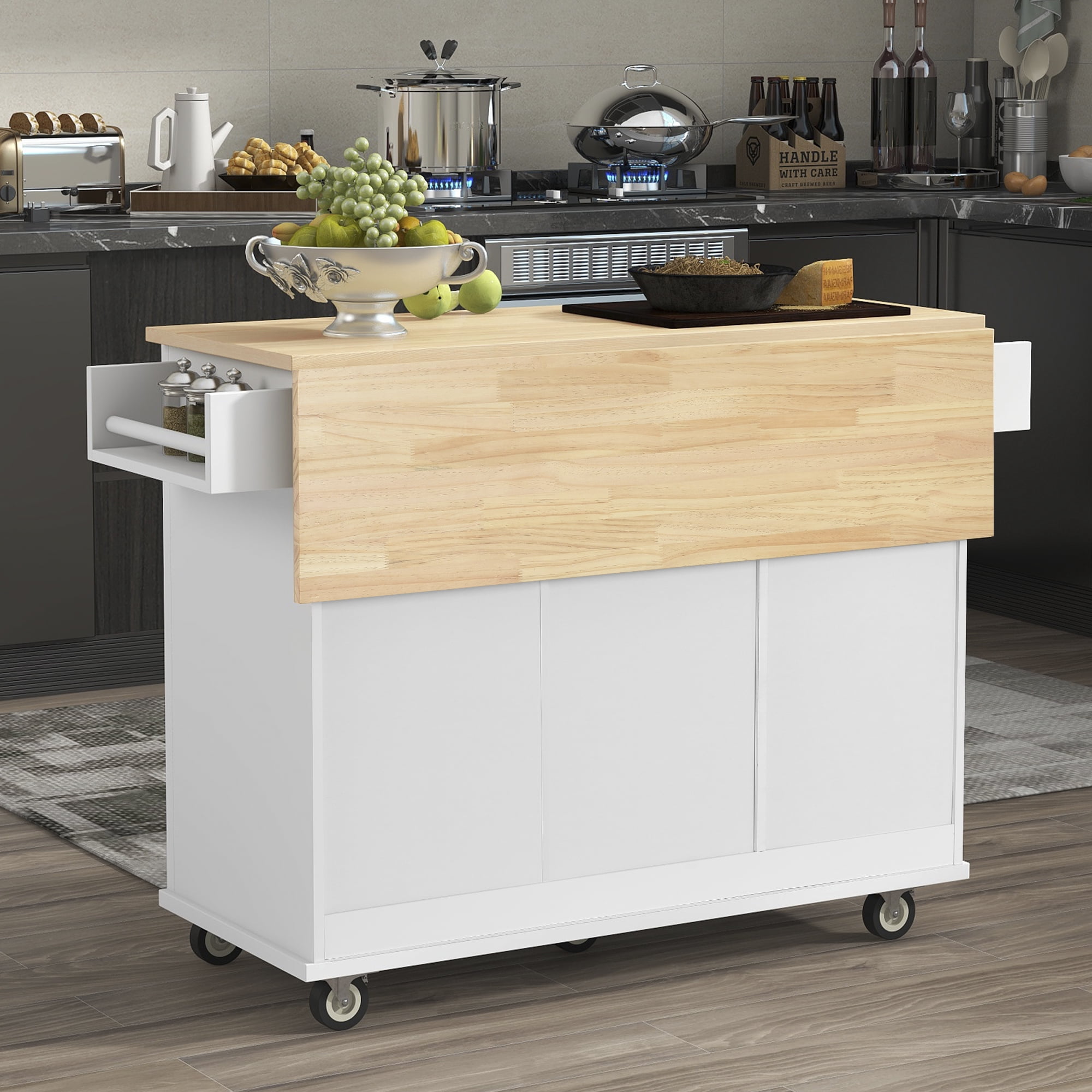 EUROCO Rolling Mobile Kitchen Island with Solid Wood Top and Locking Wheels, Storage Cabinet and Drop Leaf Breakfast Bar, Towel Rack & Drawers, White