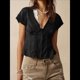 thumbnail image 4 of Blusa de Encaje con Cuello en V para Mujer, Corta, Fruncida, Ropa de Verano para Vacaciones Negro L, 4 of 8