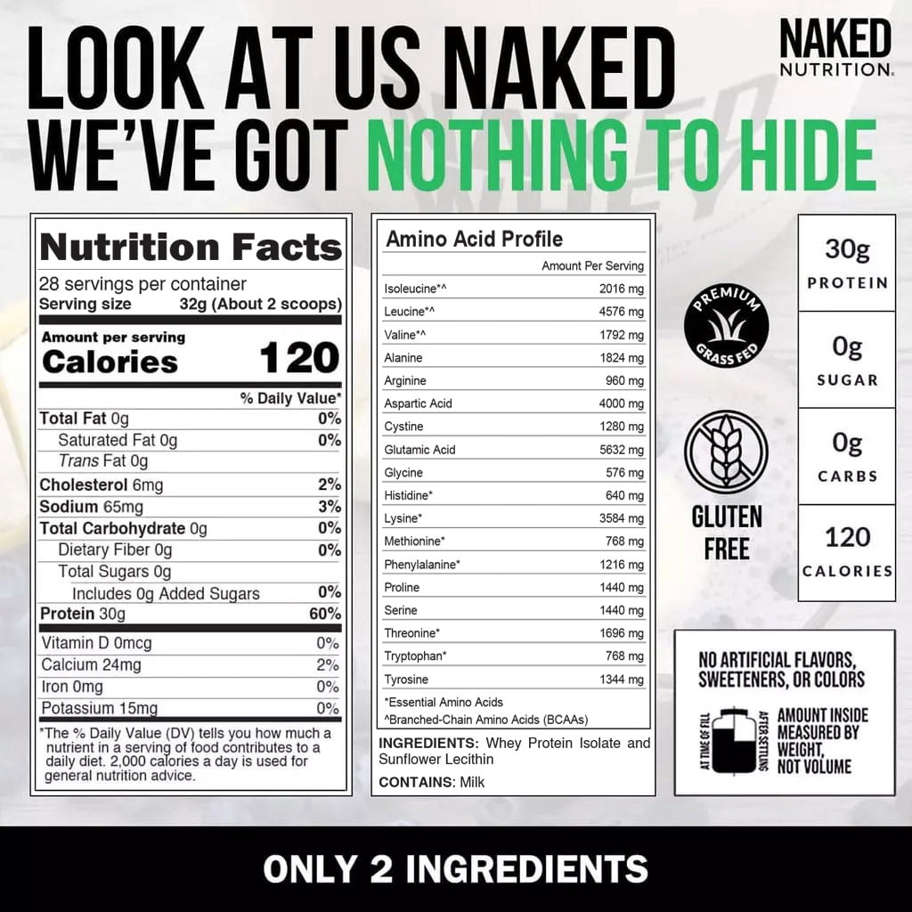 NAKED Whey Isolate Protein - Only 2 Ingredients, 30g Grass-Fed Protein, Unflavored, Undenatured, No GMO, No Soy, Gluten-Free, No Preservatives - 28 Servings